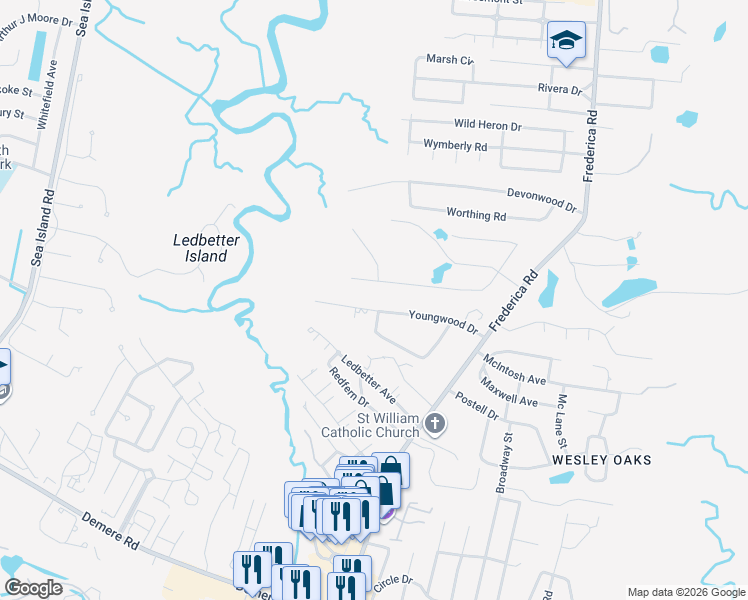 map of restaurants, bars, coffee shops, grocery stores, and more near 301 Youngwood Drive in St. Simons Island
