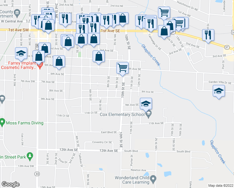 map of restaurants, bars, coffee shops, grocery stores, and more near 901 1/2 9th Avenue Southeast in Moultrie