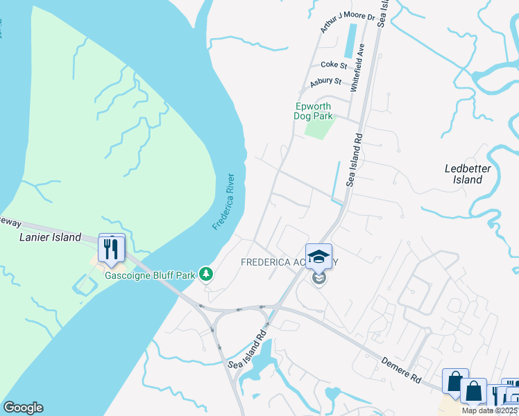 map of restaurants, bars, coffee shops, grocery stores, and more near 1195 Arthur J Moore Drive in St. Simons Island