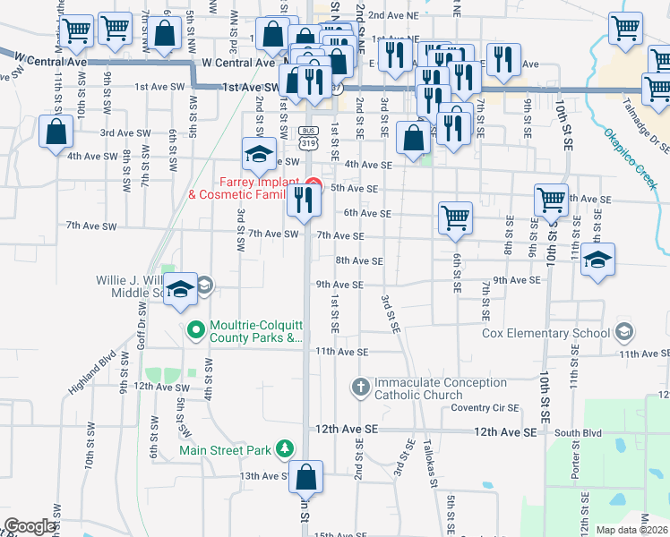 map of restaurants, bars, coffee shops, grocery stores, and more near 818 2nd Street Southeast in Moultrie