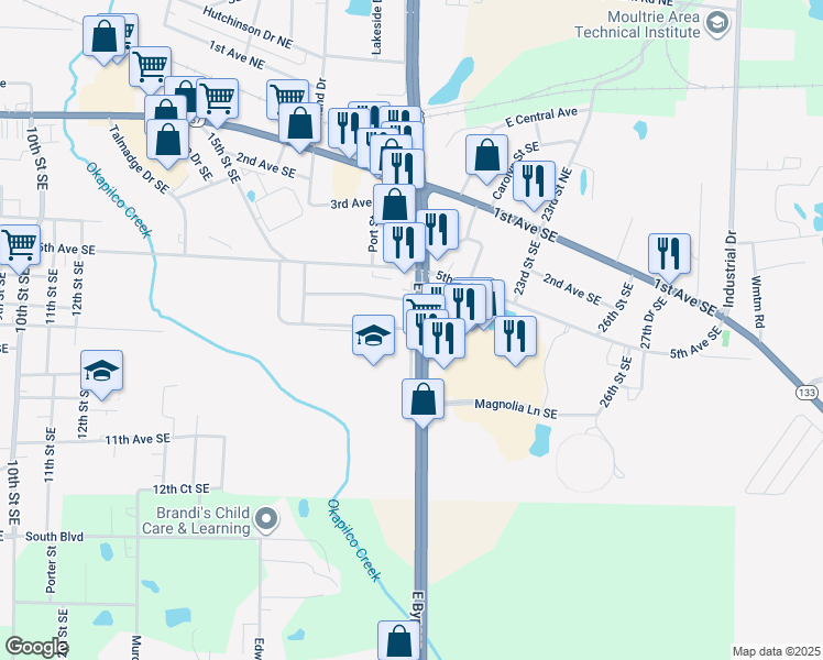 map of restaurants, bars, coffee shops, grocery stores, and more near 1800 Park Avenue Southeast in Moultrie