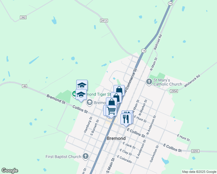 map of restaurants, bars, coffee shops, grocery stores, and more near 509 Shelby Street in Bremond