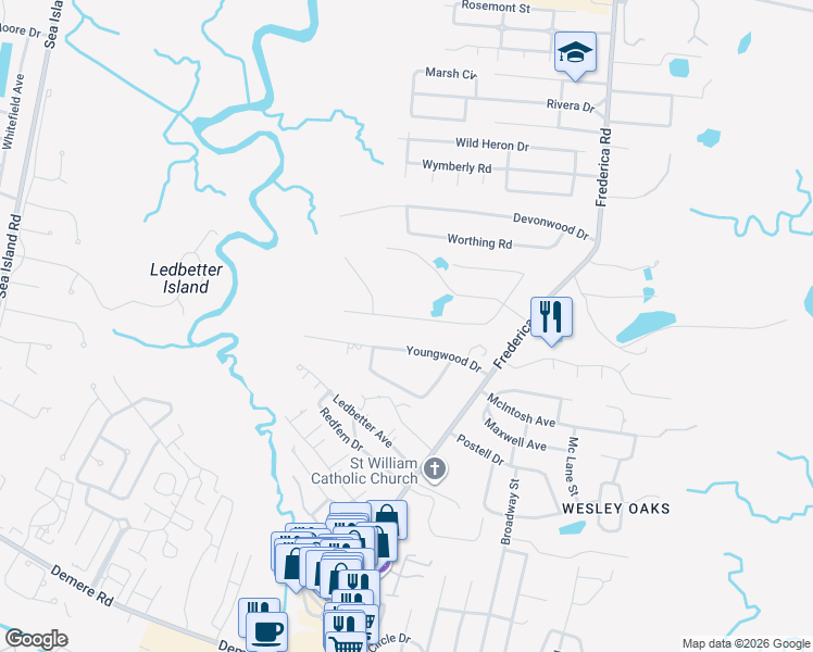 map of restaurants, bars, coffee shops, grocery stores, and more near 217 Five Pounds Road in St. Simons Island