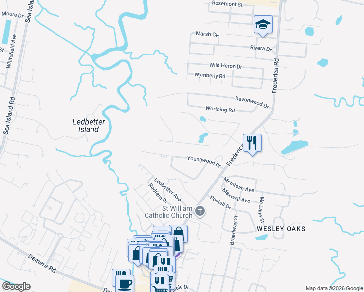 map of restaurants, bars, coffee shops, grocery stores, and more near 217 Five Pounds Road in St. Simons Island