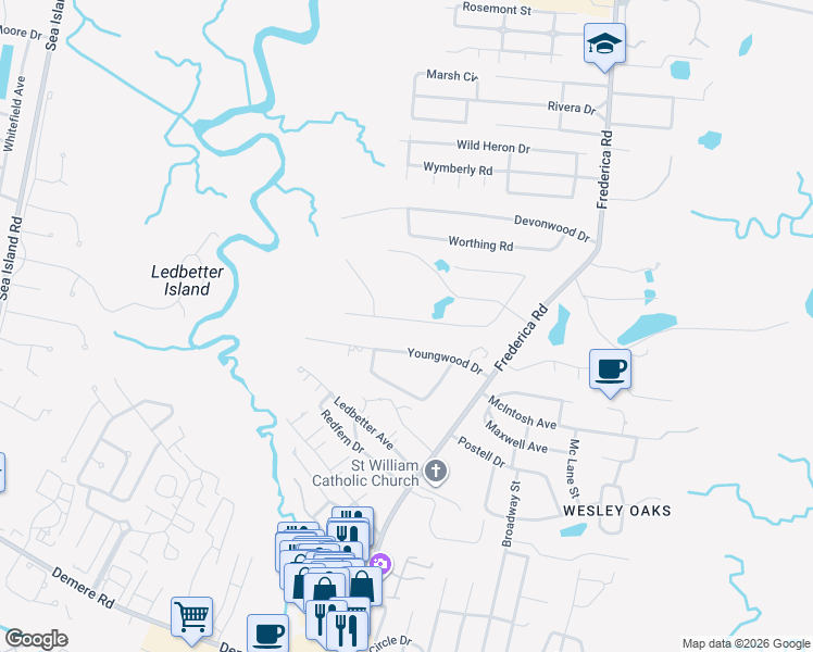 map of restaurants, bars, coffee shops, grocery stores, and more near 217 Five Pounds Road in St. Simons Island