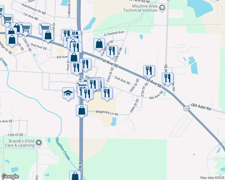 map of restaurants, bars, coffee shops, grocery stores, and more near 2310 5th Avenue Southeast in Moultrie