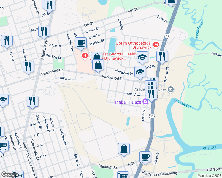 map of restaurants, bars, coffee shops, grocery stores, and more near 2827 Mimosa Road in Brunswick