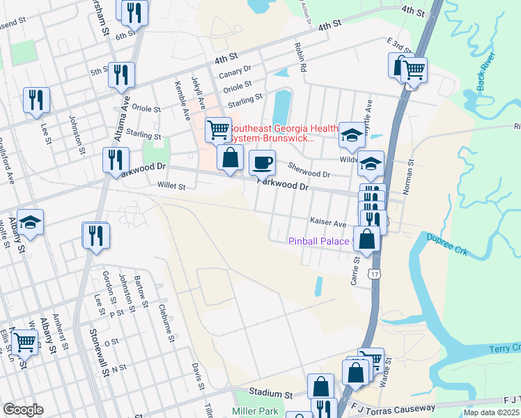 map of restaurants, bars, coffee shops, grocery stores, and more near 2828 Maple Road in Brunswick