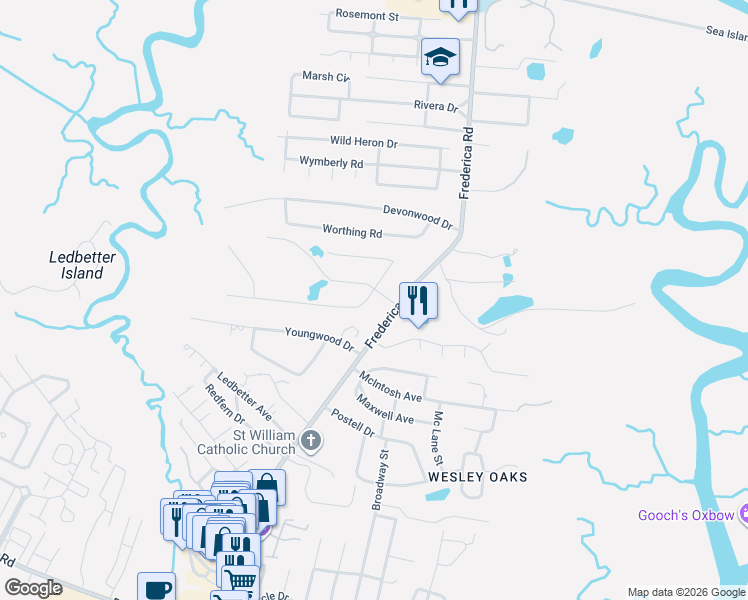 map of restaurants, bars, coffee shops, grocery stores, and more near 2400 Frederica Road in St. Simons Island