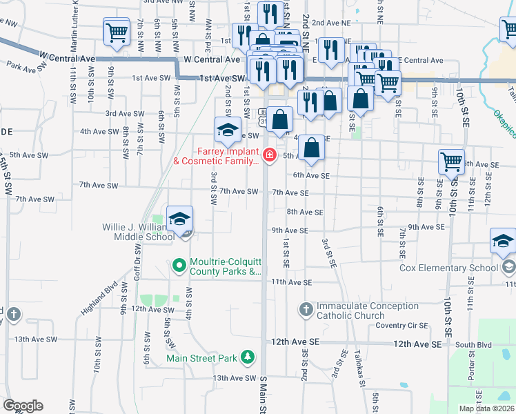 map of restaurants, bars, coffee shops, grocery stores, and more near 810 South Main Street in Moultrie