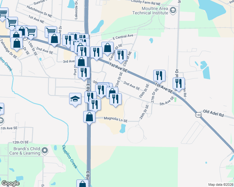 map of restaurants, bars, coffee shops, grocery stores, and more near 2310 5th Avenue Southeast in Moultrie