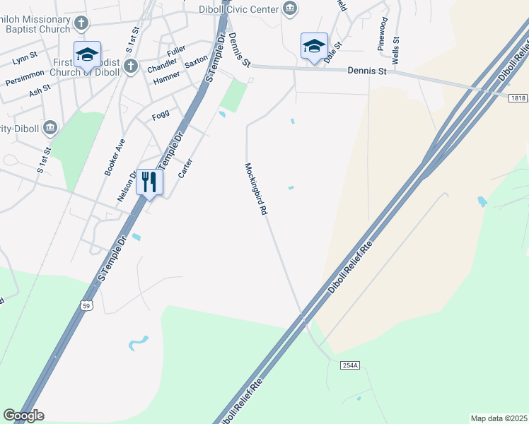 map of restaurants, bars, coffee shops, grocery stores, and more near Mockingbird Road in Diboll