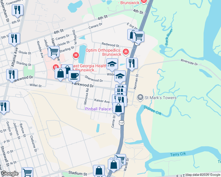 map of restaurants, bars, coffee shops, grocery stores, and more near 3105 Parkwood Drive in Brunswick