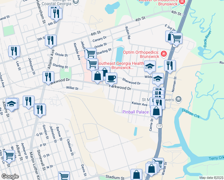 map of restaurants, bars, coffee shops, grocery stores, and more near 2700 Parkwood Drive in Brunswick