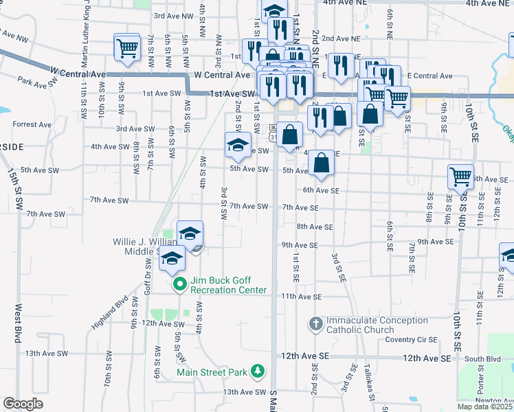 map of restaurants, bars, coffee shops, grocery stores, and more near 699 1st Street Southwest in Moultrie