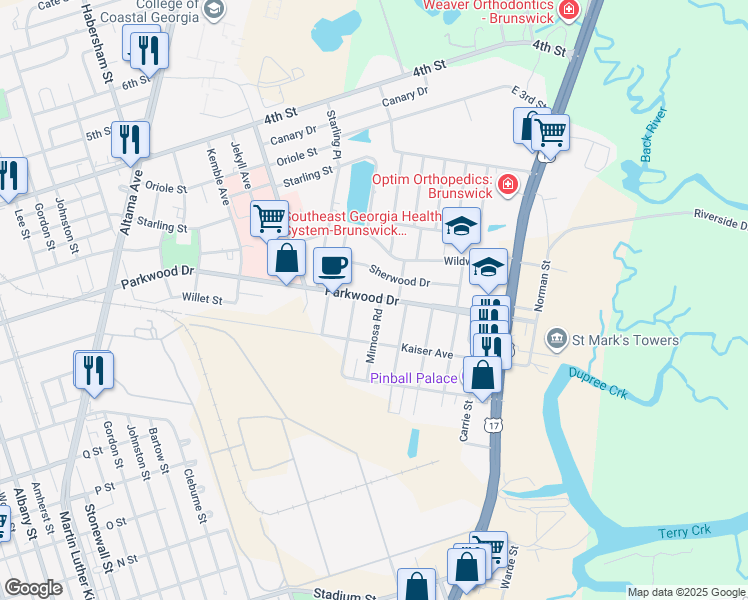 map of restaurants, bars, coffee shops, grocery stores, and more near 2812 Parkwood Drive in Brunswick