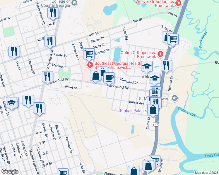 map of restaurants, bars, coffee shops, grocery stores, and more near 2700 Parkwood Drive in Brunswick