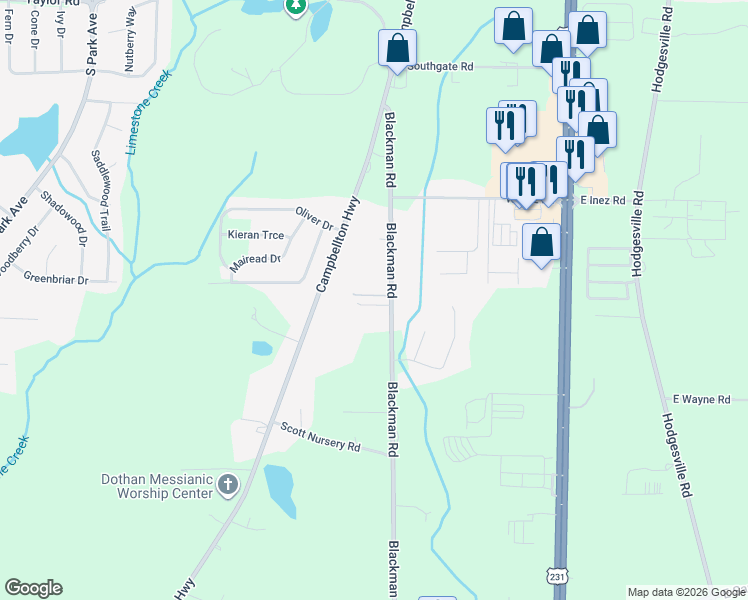 map of restaurants, bars, coffee shops, grocery stores, and more near 105 Hidden Sunset Drive in Dothan