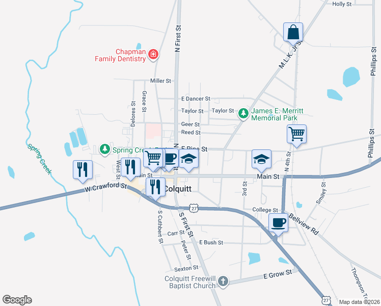 map of restaurants, bars, coffee shops, grocery stores, and more near 156 Pine Street in Colquitt