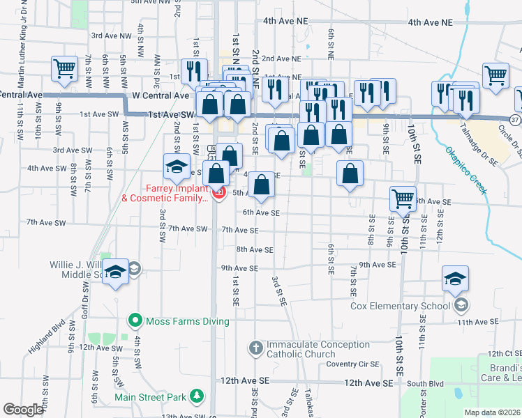 map of restaurants, bars, coffee shops, grocery stores, and more near 224 5th Avenue Southeast in Moultrie