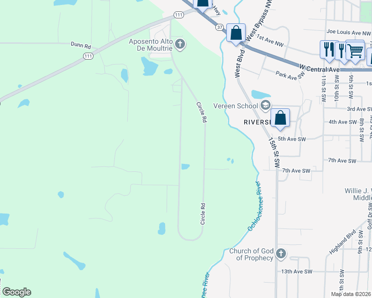 map of restaurants, bars, coffee shops, grocery stores, and more near 972 Circle Road in Moultrie