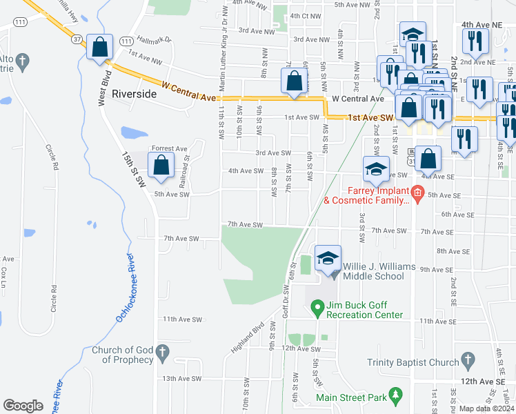 map of restaurants, bars, coffee shops, grocery stores, and more near 514 9th Street Southwest in Moultrie