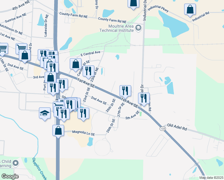 map of restaurants, bars, coffee shops, grocery stores, and more near 2509 1st Avenue Southeast in Moultrie
