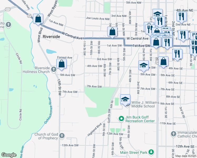 map of restaurants, bars, coffee shops, grocery stores, and more near 514 9th Street Southwest in Moultrie