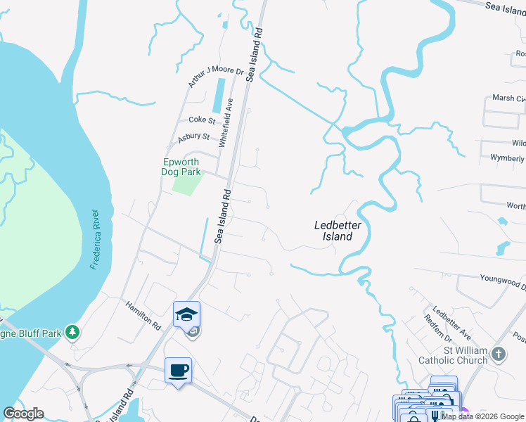map of restaurants, bars, coffee shops, grocery stores, and more near 512 Palm Harbor Road in St. Simons Island
