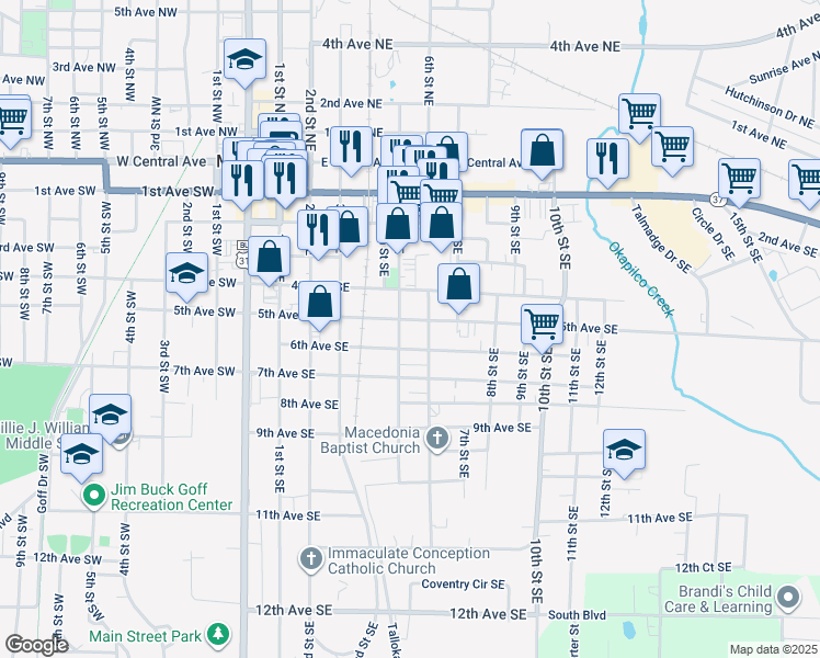 map of restaurants, bars, coffee shops, grocery stores, and more near 508 5th Avenue Southeast in Moultrie