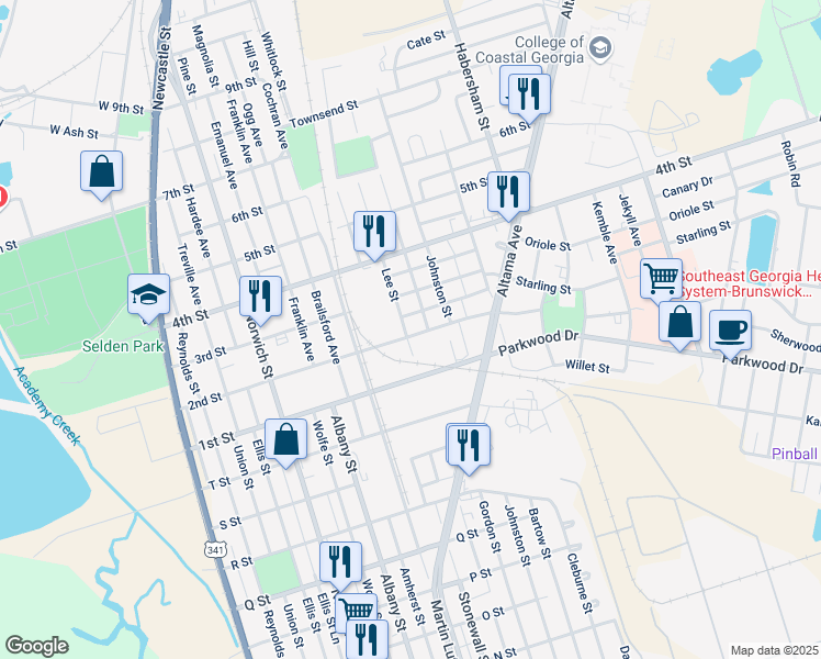 map of restaurants, bars, coffee shops, grocery stores, and more near 1801 2nd Street in Brunswick