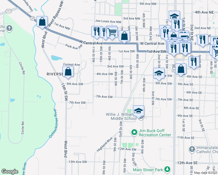 map of restaurants, bars, coffee shops, grocery stores, and more near 514 9th Street Southwest in Moultrie