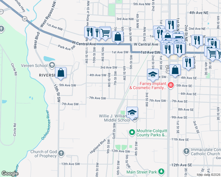 map of restaurants, bars, coffee shops, grocery stores, and more near 517 8th Street Southwest in Moultrie