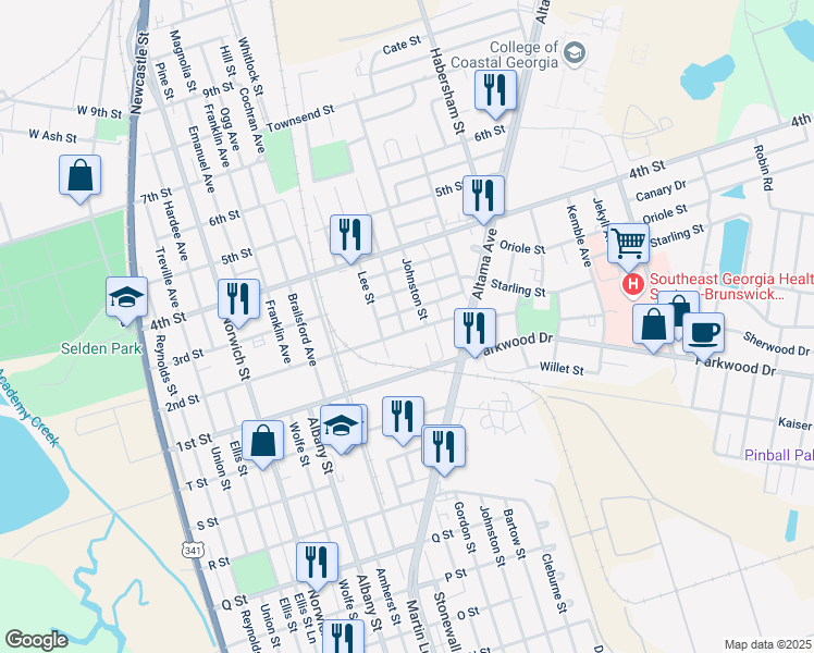 map of restaurants, bars, coffee shops, grocery stores, and more near 1801 2nd Street in Brunswick
