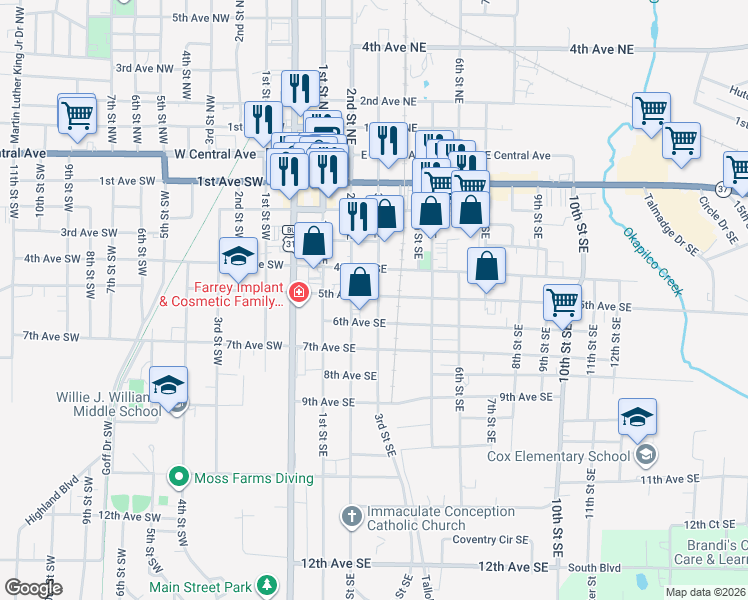 map of restaurants, bars, coffee shops, grocery stores, and more near 224 5th Avenue Southeast in Moultrie