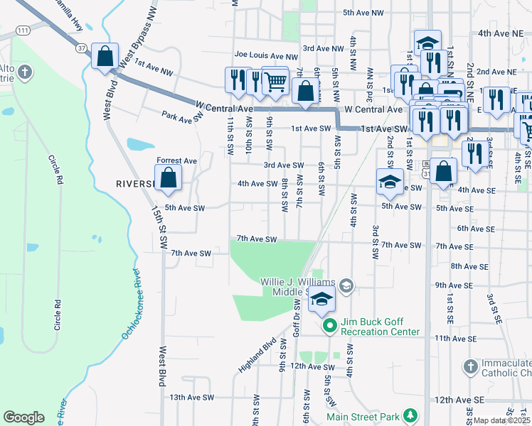 map of restaurants, bars, coffee shops, grocery stores, and more near 514 9th Street Southwest in Moultrie