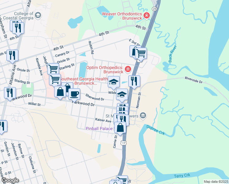 map of restaurants, bars, coffee shops, grocery stores, and more near 3105 Wildwood Dr in Brunswick