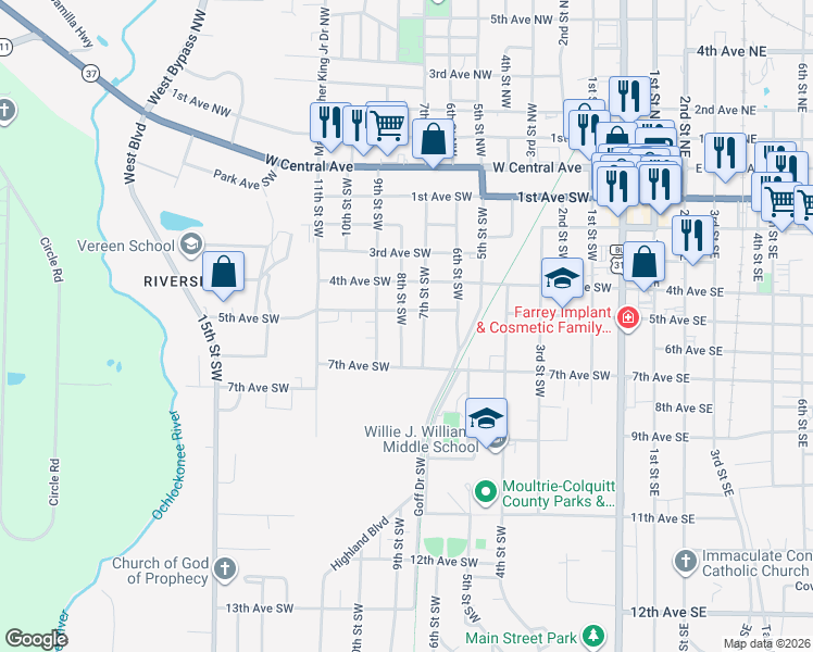 map of restaurants, bars, coffee shops, grocery stores, and more near 517 8th Street Southwest in Moultrie