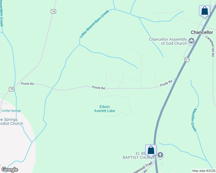 map of restaurants, bars, coffee shops, grocery stores, and more near 756 Poole Road in Chancellor