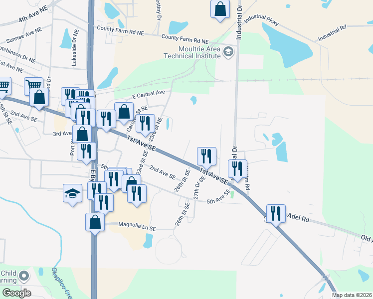 map of restaurants, bars, coffee shops, grocery stores, and more near 2509 1st Avenue Southeast in Moultrie