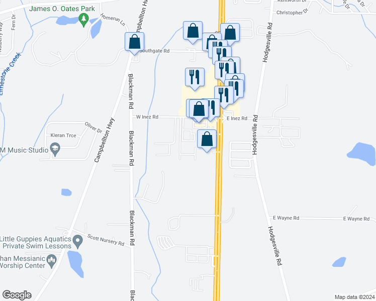 map of restaurants, bars, coffee shops, grocery stores, and more near 401 West Inez Road in Dothan