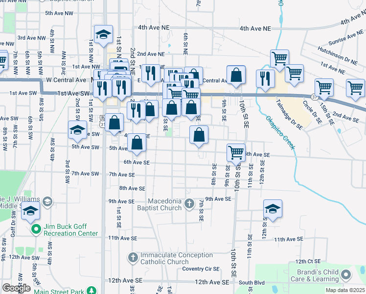 map of restaurants, bars, coffee shops, grocery stores, and more near 508 5th Avenue Southeast in Moultrie