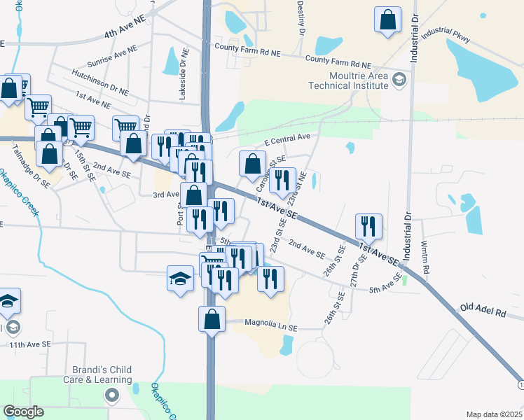 map of restaurants, bars, coffee shops, grocery stores, and more near 2200 Moultrie Quitman Highway in Moultrie