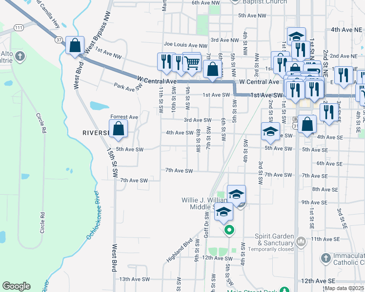 map of restaurants, bars, coffee shops, grocery stores, and more near 514 9th Street Southwest in Moultrie
