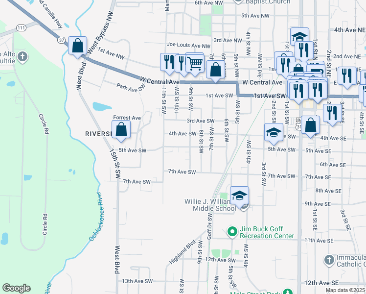 map of restaurants, bars, coffee shops, grocery stores, and more near 514 9th Street Southwest in Moultrie