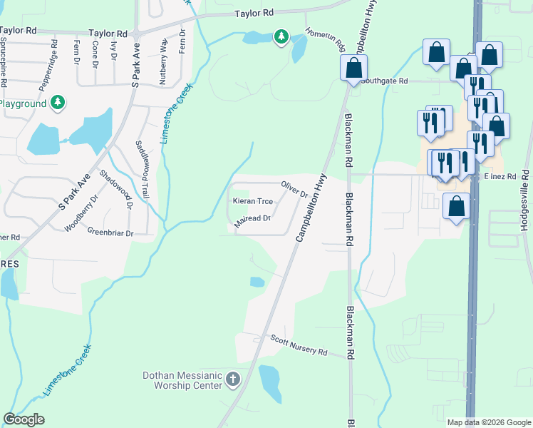 map of restaurants, bars, coffee shops, grocery stores, and more near 208 Mairead Drive in Dothan