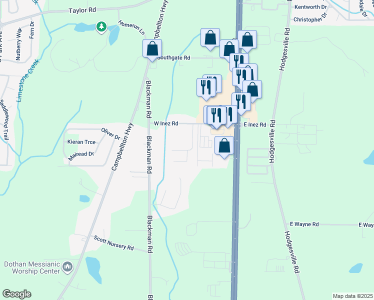 map of restaurants, bars, coffee shops, grocery stores, and more near 299 Thistlewood DrIive in Dothan