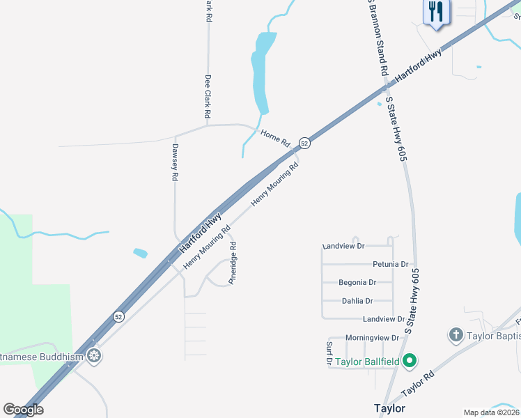 map of restaurants, bars, coffee shops, grocery stores, and more near 5813 State Highway 52 in Taylor