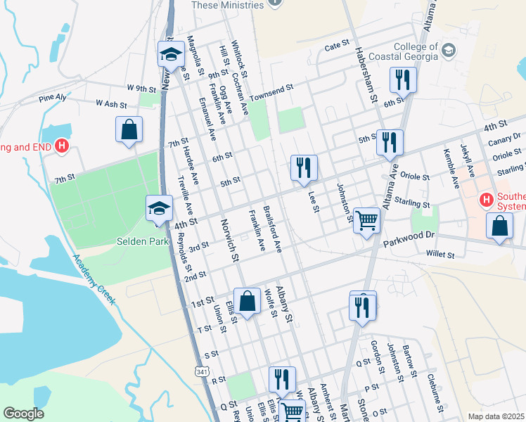 map of restaurants, bars, coffee shops, grocery stores, and more near 1400 4th Street in Brunswick