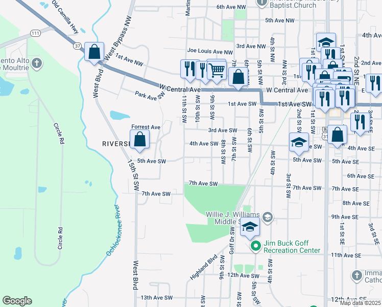 map of restaurants, bars, coffee shops, grocery stores, and more near 401 11th Street Southwest in Moultrie